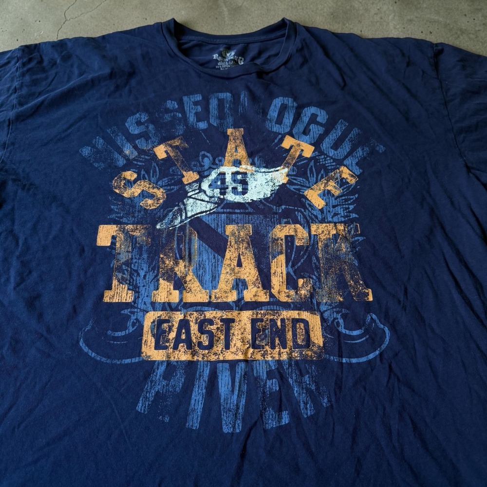 Vintage Y2K Rogue State Track & Field Graphic T Shirt Mens XXL Navy Distressed